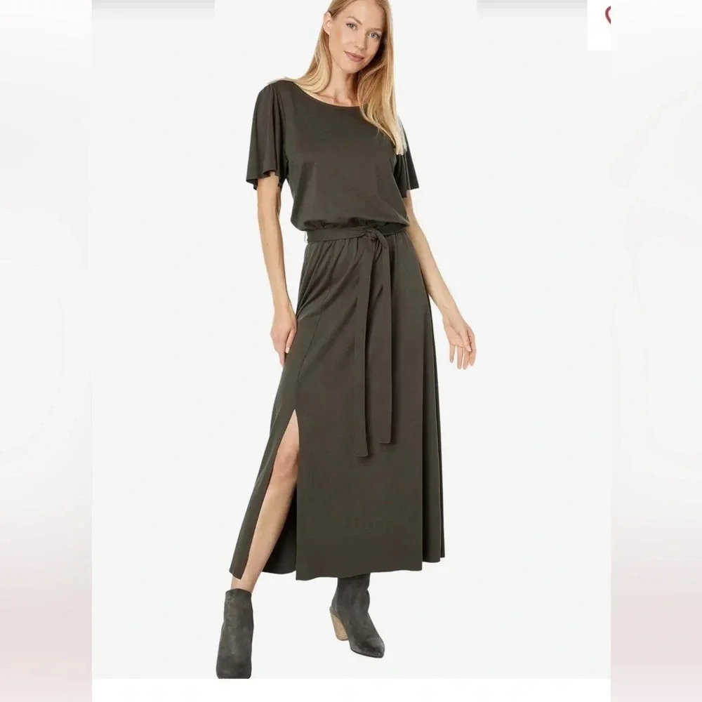 LILLA P JERSEY FLUTTER SLEEVE DRESS IN OLIVE GREEN SIZE MEDIUM